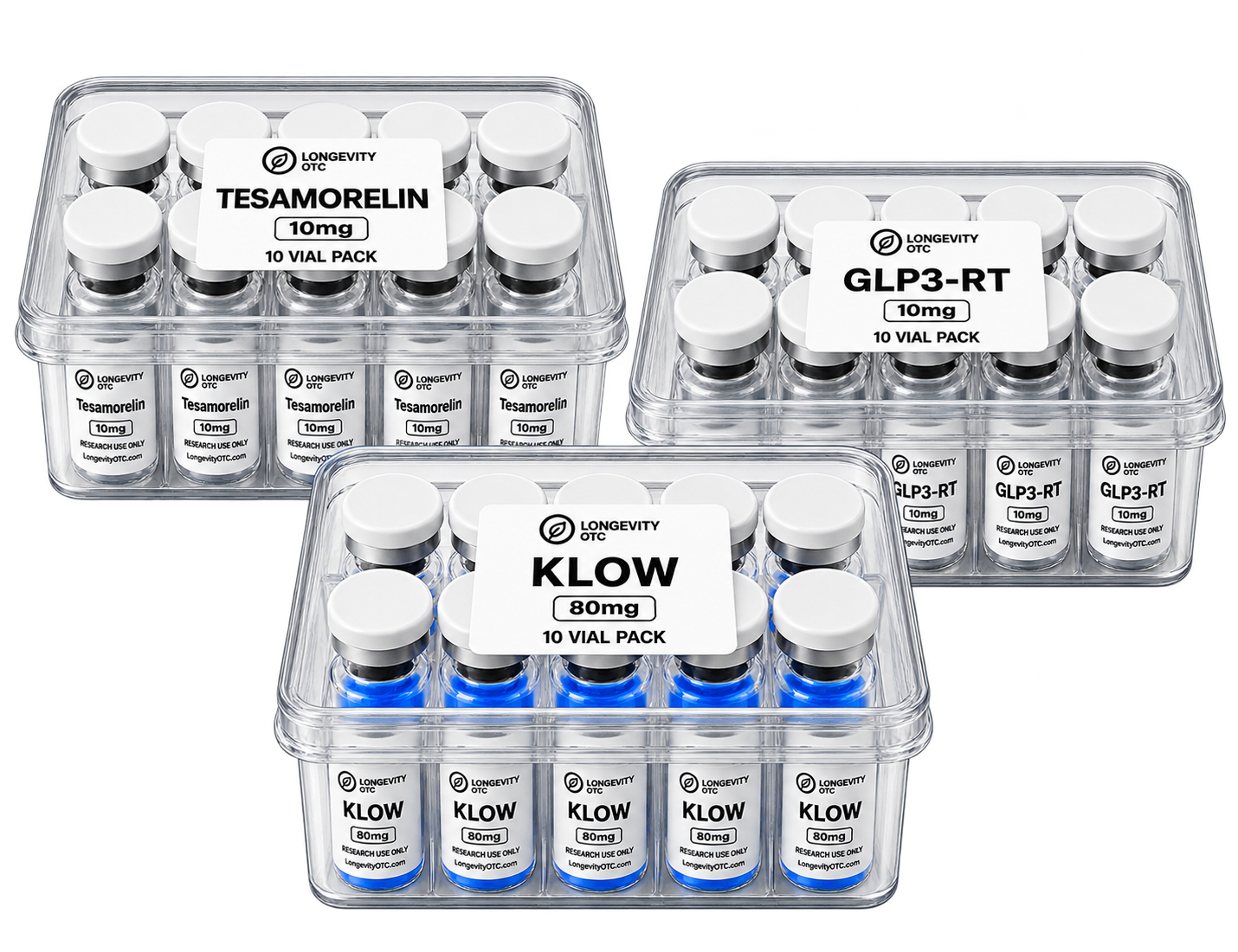 Three product packs: Tesamorelin 10mg 10 Vial Pack, GLP3-RT 10mg 10 Vial Pack, and KLOW 80mg 10 Vial Pack